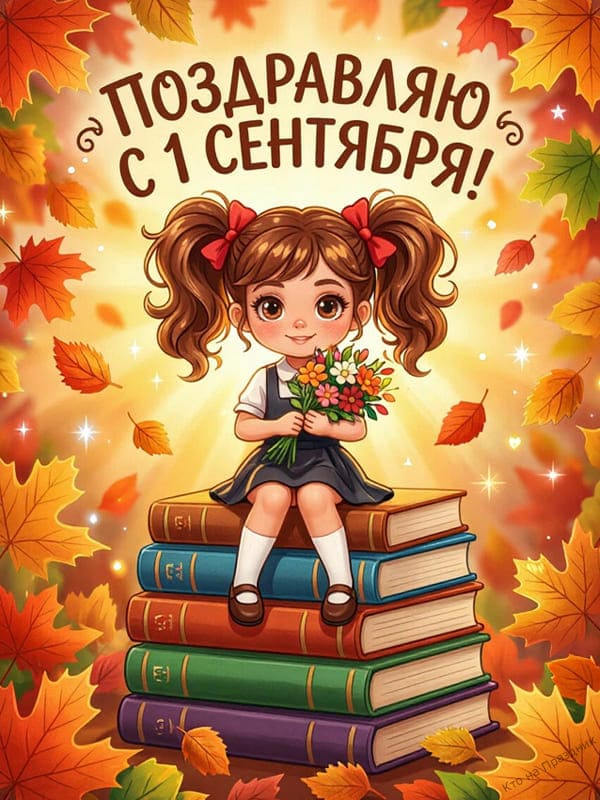 Маленькая девочка сидит на стопке книг с цветами в школьной форме