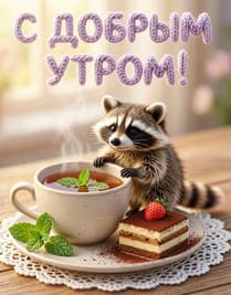 Мини енот сидит у большой кружки чая
