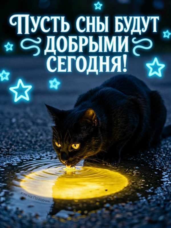 Черный кот пьёт из лужи в которой жёлтая луна