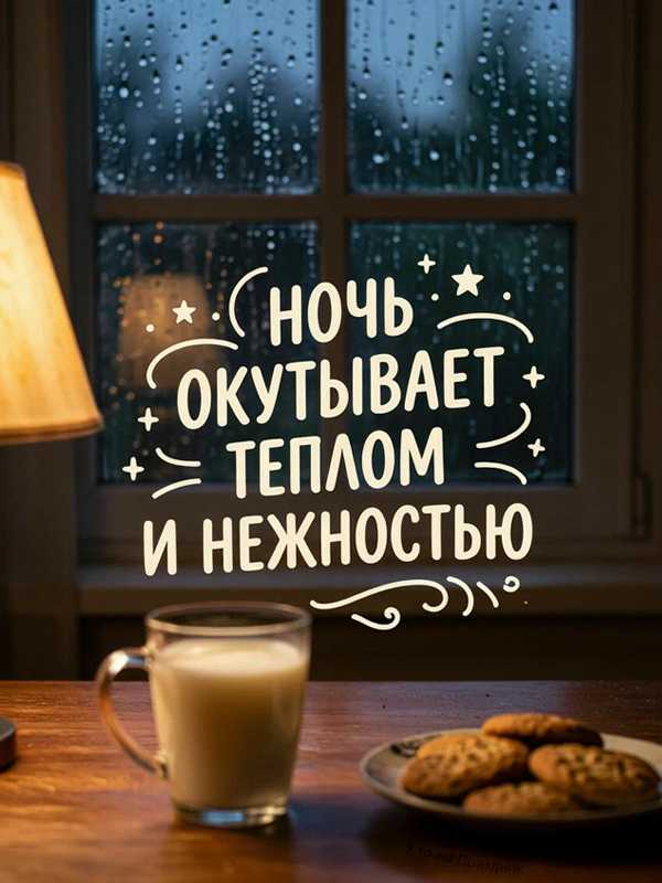 Красивая надпись спокойной ночи кружка молока с печеньем окно