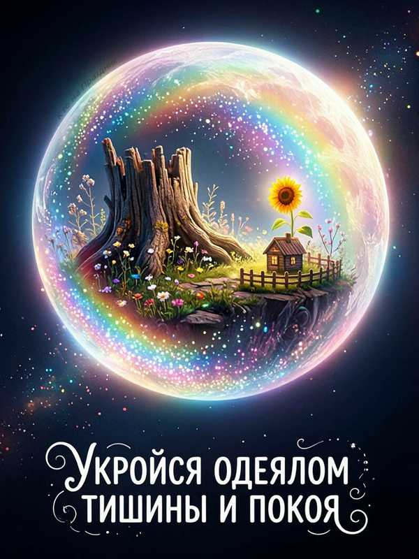 В космосе большой шар в котором маленький дом с подсолнухом и пень дерева