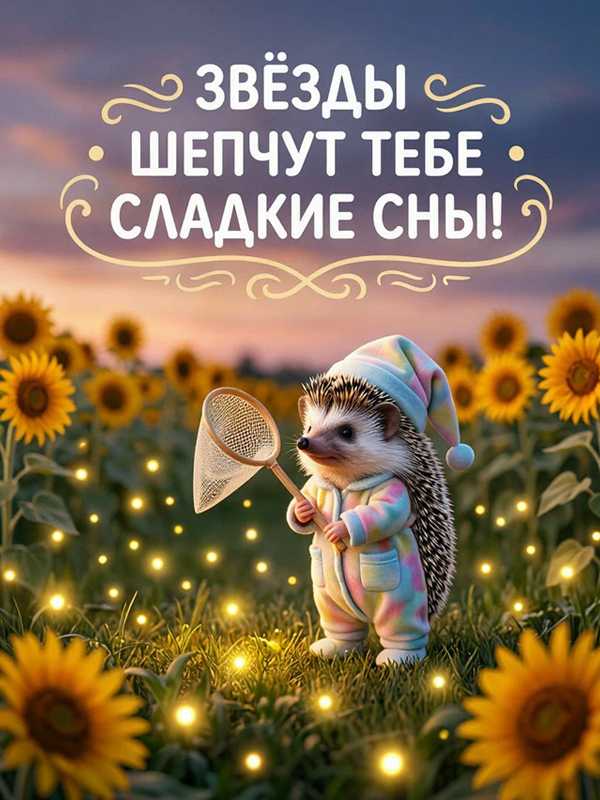 Ёжик в пижаме стоит на поляне подсолнухов с с очком