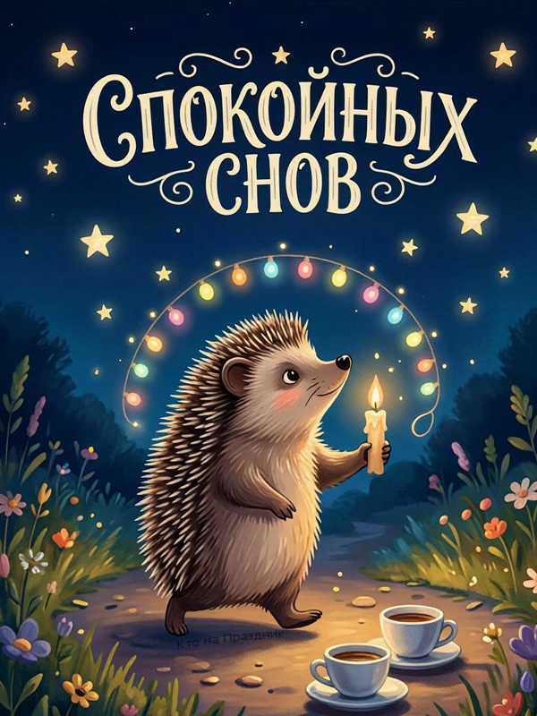 Иллюстрация ёжик со свечкой в лапе бежит по лесу ночью
