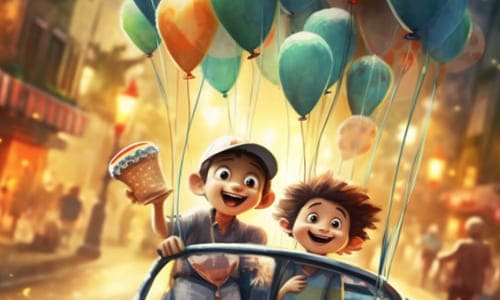 Обложка для поздравления день рождения, два мальчика едут на машине с шарами праздник