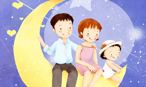 Нарисованная обложка для поздравления папы с днём рождения дети на луне и рядом сидит отец