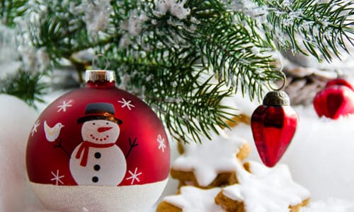 Игрушка шар со снеговиком под ветками ёлки настроение стихии на новый год