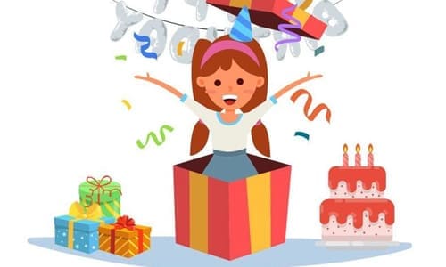 Нарисованная девушка выпрыгивает из коробки на свой день рождения поздравление